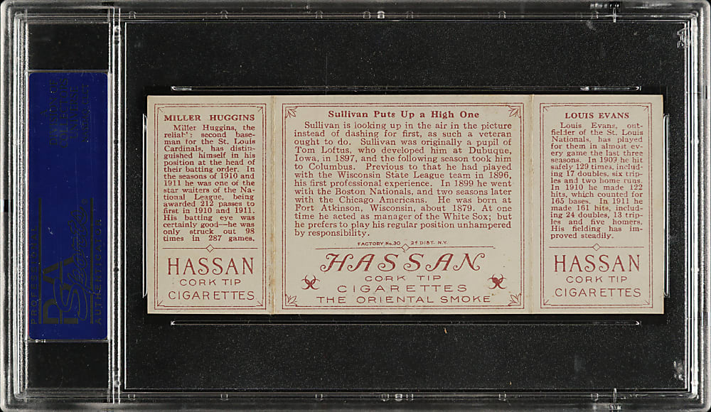 1912 T202 Hassan Triple Folder "Sullivan Puts Up a High One" Evans/Miller Huggins PSA EX-MT 6