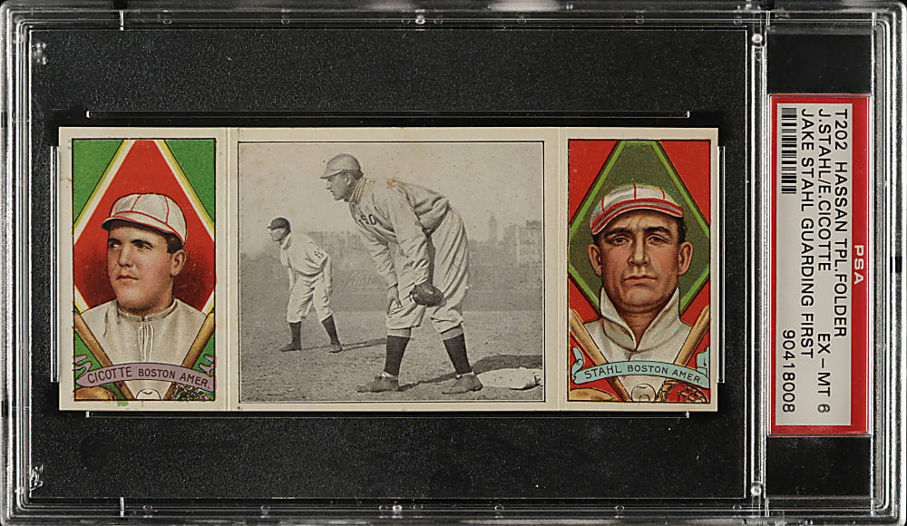 1912 T202 Hassan Triple Folder "Jake Stahl Guarding First" Cicotte/Stahl PSA EX-MT 6
