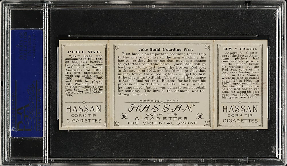 1912 T202 Hassan Triple Folder "Jake Stahl Guarding First" Cicotte/Stahl PSA EX-MT 6