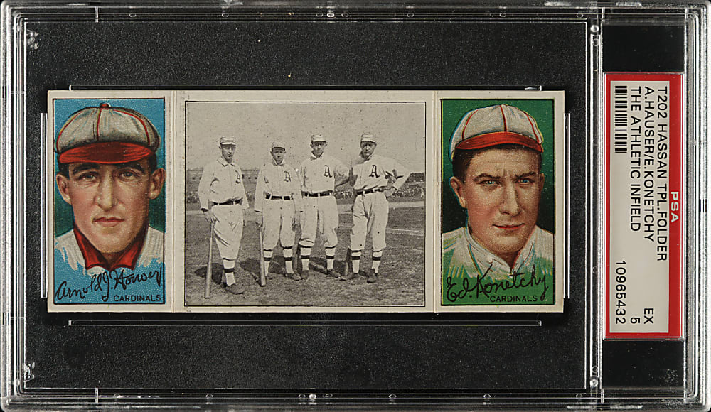 1912 T202 Hassan Triple Folder "The Athletic Infield" Hauser/Konetchy PSA EX 5