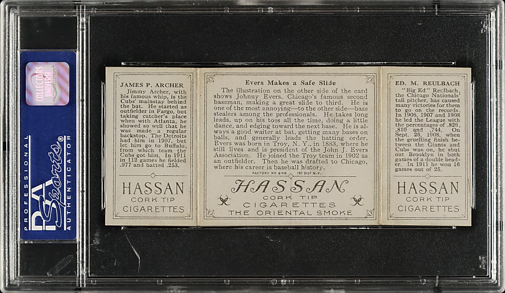 1912 T202 Hassan Triple Folder "Evers Make A Safe Slide" Archer/Reulbach PSA EX 5