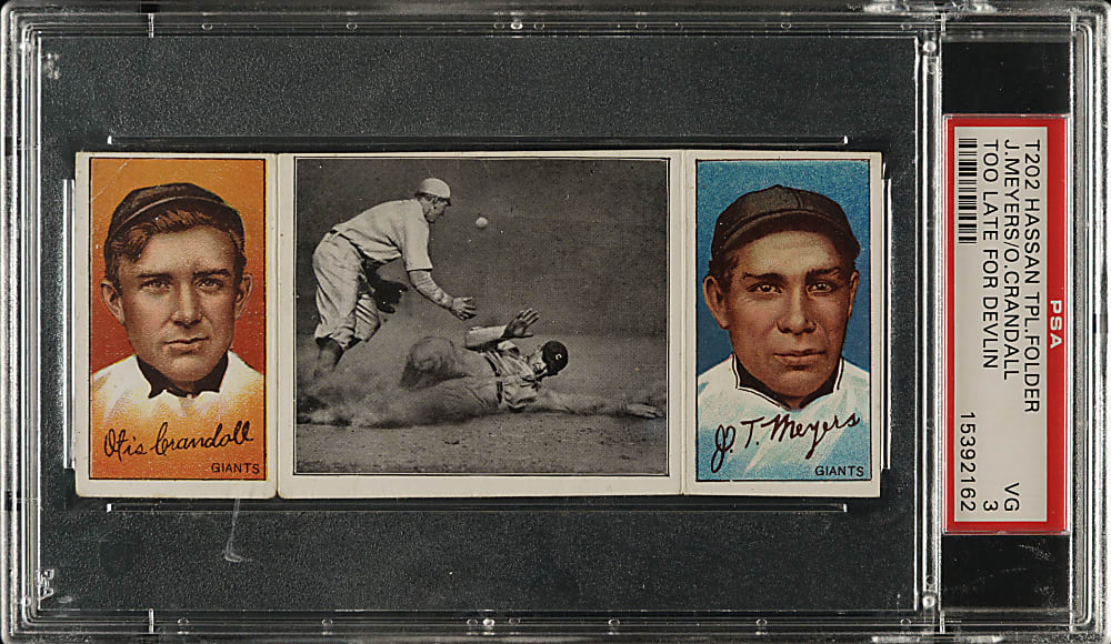 1912 T202 Hassan Triple Folder "Too Late For Devlin" Crandall/Meyers PSA VG 3