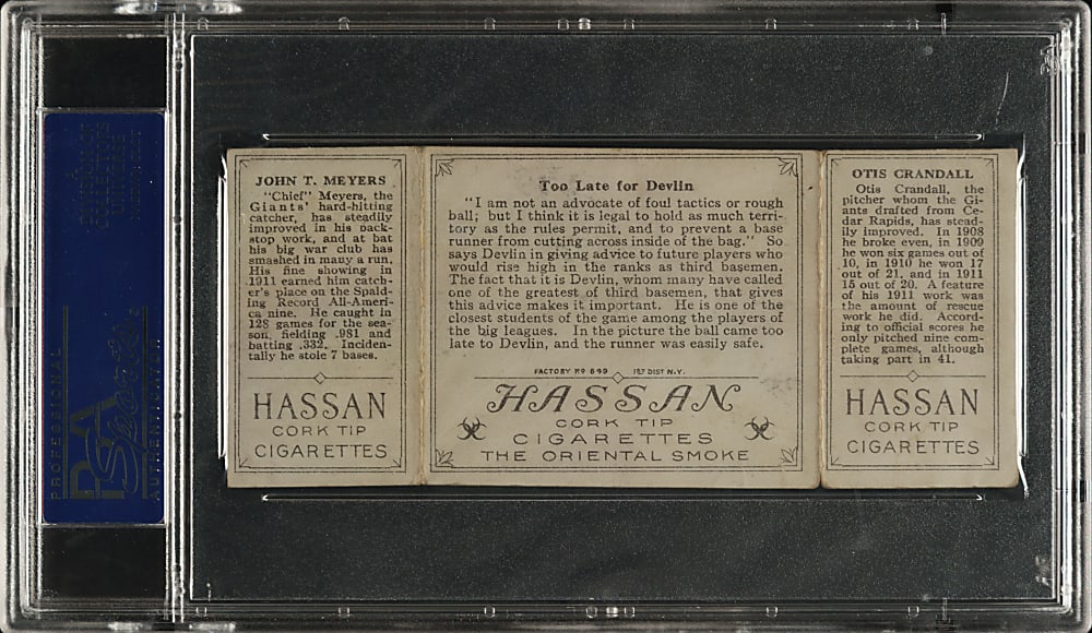 1912 T202 Hassan Triple Folder "Too Late For Devlin" Crandall/Meyers PSA VG 3