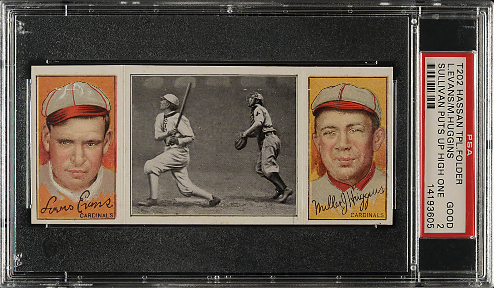 1912 T202 Hassan Triple Folder "Sullivan Puts Up a High One" Evans/Miller Huggins PSA GOOD 2