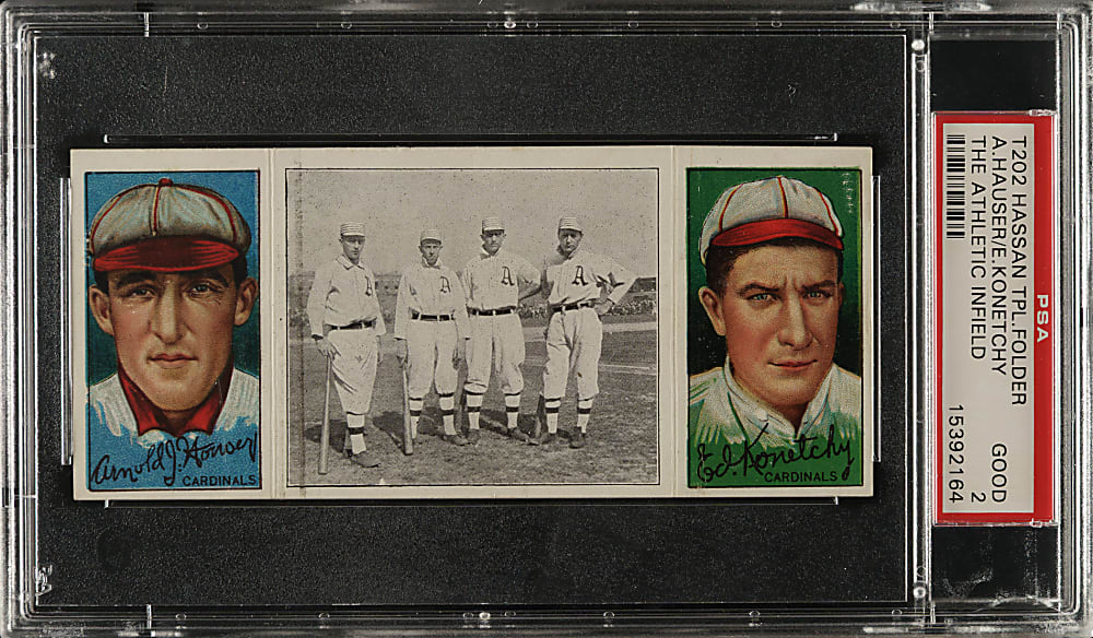 1912 T202 Hassan Triple Folder "The Athletic Infield" Hauser/Konetchy PSA GOOD 2