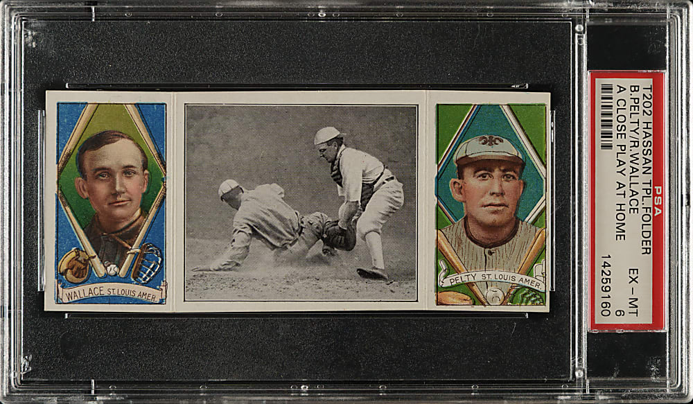 1912 T202 Hassan Triple Folder "A Close Play At Home" Bobby Wallace/Pelty PSA EX-MT 6