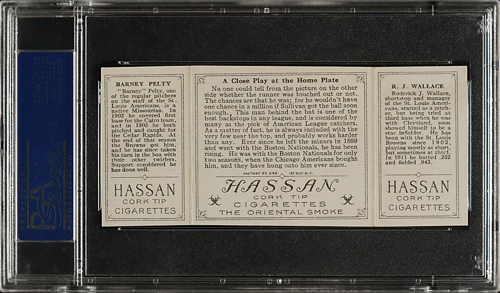 1912 T202 Hassan Triple Folder "A Close Play At Home" Bobby Wallace/Pelty PSA EX-MT 6