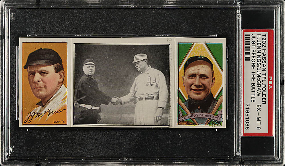 1912 T202 Hassan Triple Folder "Just Before the Battle" John McGraw/Hugh Jennings PSA EX-MT 6