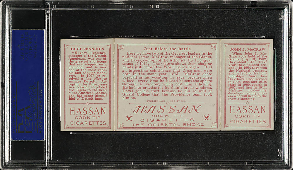 1912 T202 Hassan Triple Folder "Just Before the Battle" John McGraw/Hugh Jennings PSA EX-MT 6