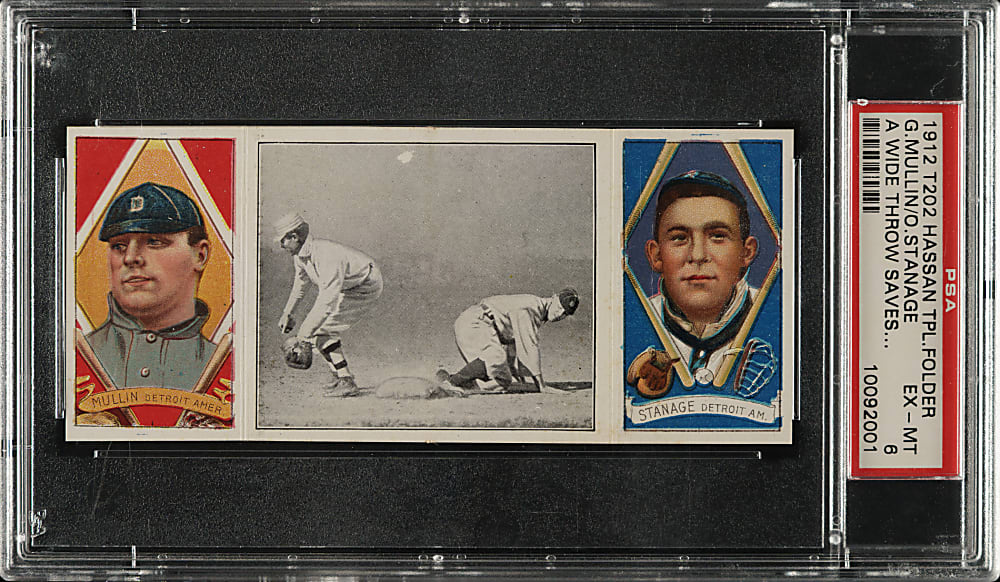 1912 T202 Hassan Triple Folder "A Wide Throw Saves Crawford" Stanage/Mullin PSA EX-MT 6