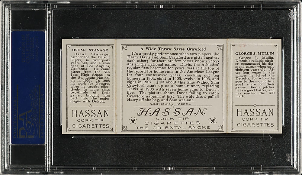 1912 T202 Hassan Triple Folder "A Wide Throw Saves Crawford" Stanage/Mullin PSA EX-MT 6