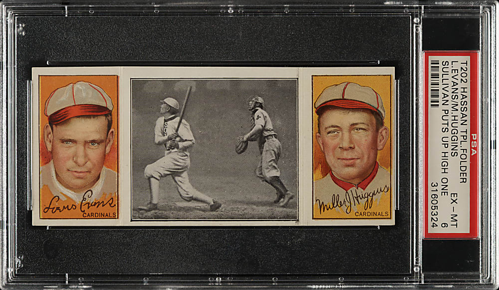 1912 T202 Hassan Triple Folder "Sullivan Puts Up a High One" Evans/Miller Huggins PSA EX-MT 6