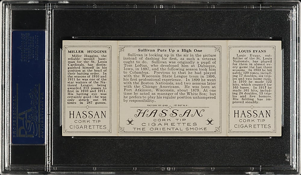 1912 T202 Hassan Triple Folder "Sullivan Puts Up a High One" Evans/Miller Huggins PSA EX-MT 6