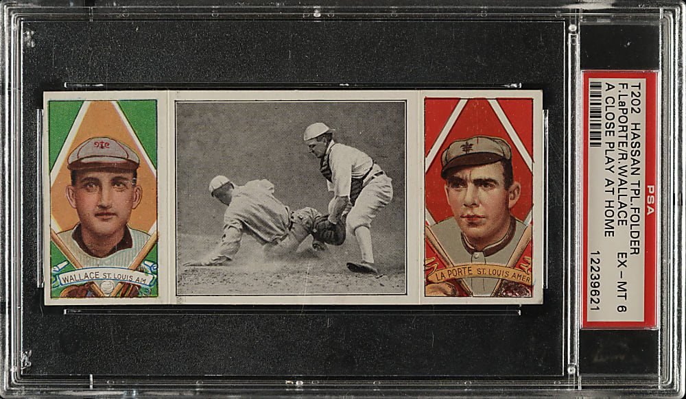 1912 T202 Hassan Triple Folder "A Close Play At Home" Bobby Wallace/LaPorte PSA EX-MT 6