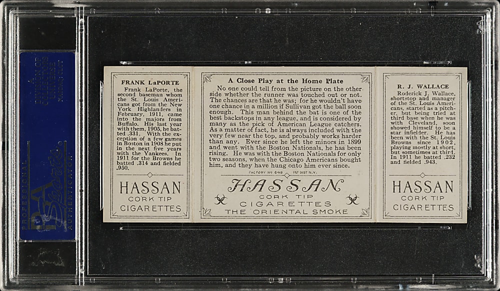1912 T202 Hassan Triple Folder "A Close Play At Home" Bobby Wallace/LaPorte PSA EX-MT 6