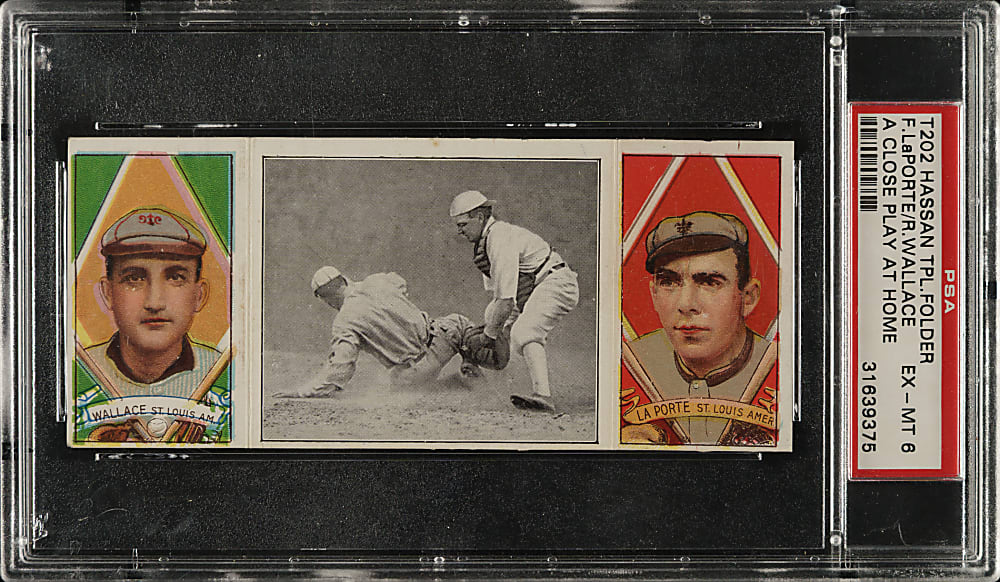 1912 T202 Hassan Triple Folder "A Close Play At Home" Bobby Wallace/LaPorte PSA EX-MT 6