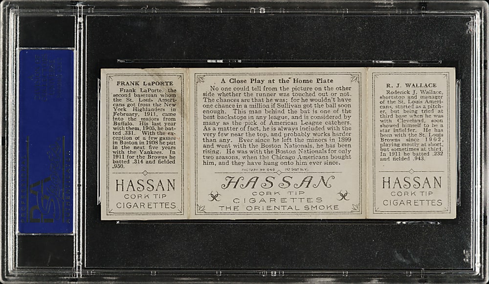 1912 T202 Hassan Triple Folder "A Close Play At Home" Bobby Wallace/LaPorte PSA EX-MT 6