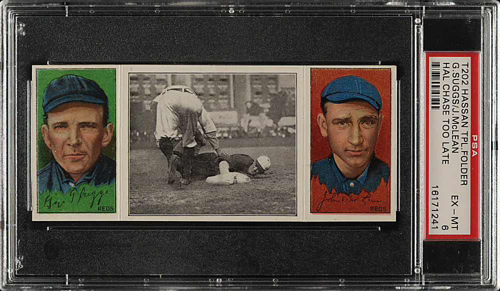 1912 T202 Hassan Triple Folder "Hal Chase Too Late" Suggs/McLean PSA EX-MT 6