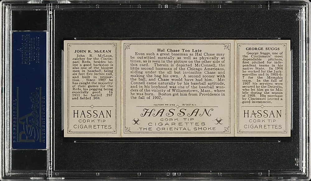 1912 T202 Hassan Triple Folder "Hal Chase Too Late" Suggs/McLean PSA EX-MT 6