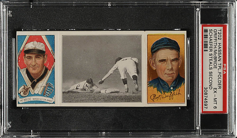 1912 T202 Hassan Triple Folder "Schaefer Steals Second" Clark Griffith/McBride PSA EX-MT 6