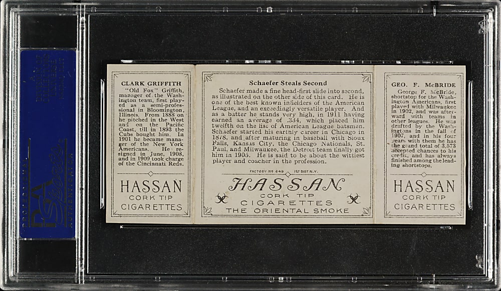 1912 T202 Hassan Triple Folder "Schaefer Steals Second" Clark Griffith/McBride PSA EX-MT 6