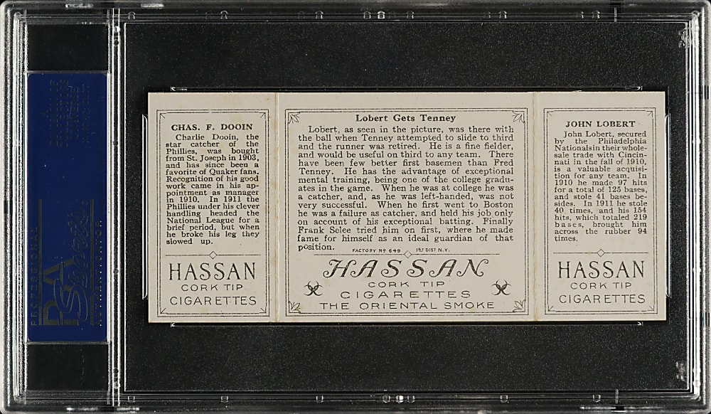 1912 T202 Hassan Triple Folder "Lobert Gets Tenney" Lobert/Dooin PSA EX-MT 6