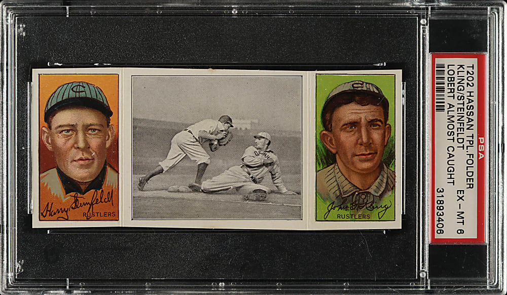 1912 T202 Hassan Triple Folder "Lobert Almost Caught" Kling/Steinfeldt PSA EX-MT 6