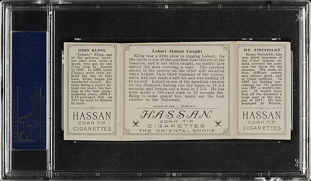 1912 T202 Hassan Triple Folder "Lobert Almost Caught" Kling/Steinfeldt PSA EX-MT 6