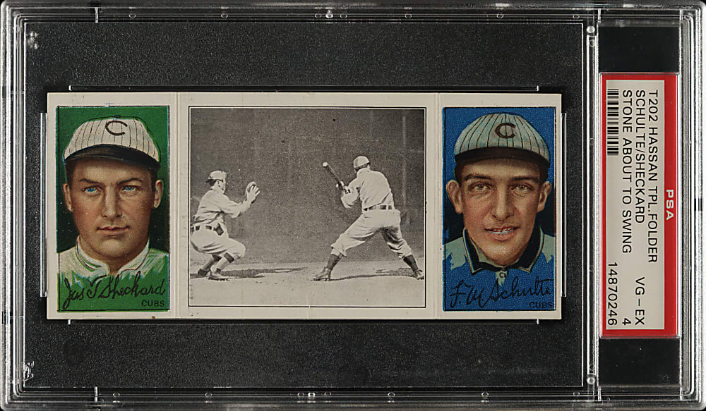 1912 T202 Hassan Triple Folder "Stone About To Swing" Schulte/Sheckard PSA VG-EX 4
