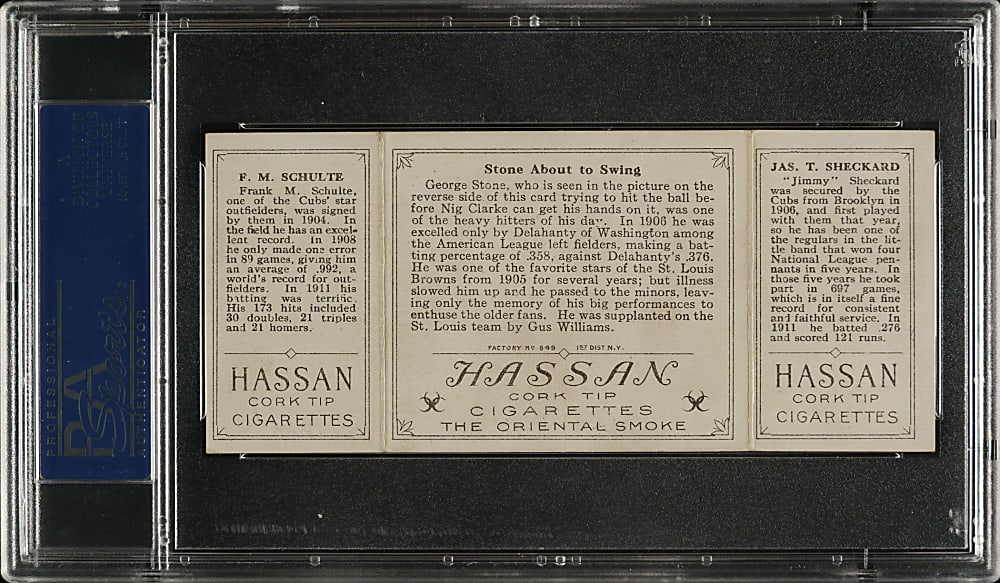 1912 T202 Hassan Triple Folder "Stone About To Swing" Schulte/Sheckard PSA VG-EX 4