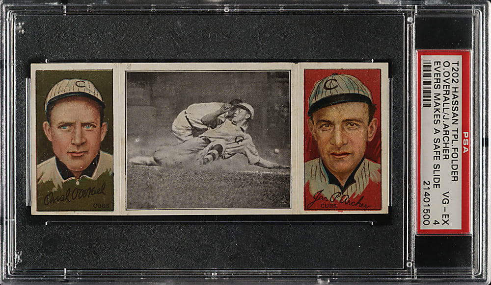 1912 T202 Hassan Triple Folder "Evers Makes A Safe Slide" Archer/Overall PSA VG-EX 4