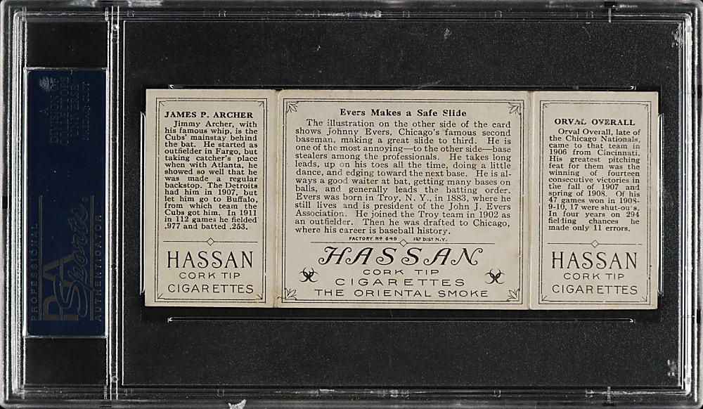 1912 T202 Hassan Triple Folder "Evers Makes A Safe Slide" Archer/Overall PSA VG-EX 4