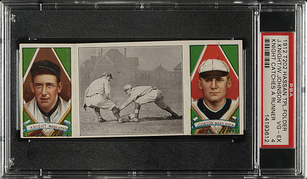 1912 T202 Hassan Triple Folder "Knight Catches a Runner" Walter Johnson/Knight PSA VG-EX 4