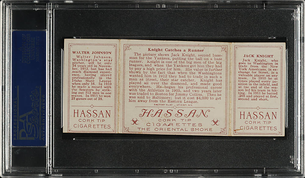1912 T202 Hassan Triple Folder "Knight Catches a Runner" Walter Johnson/Knight PSA VG-EX 4