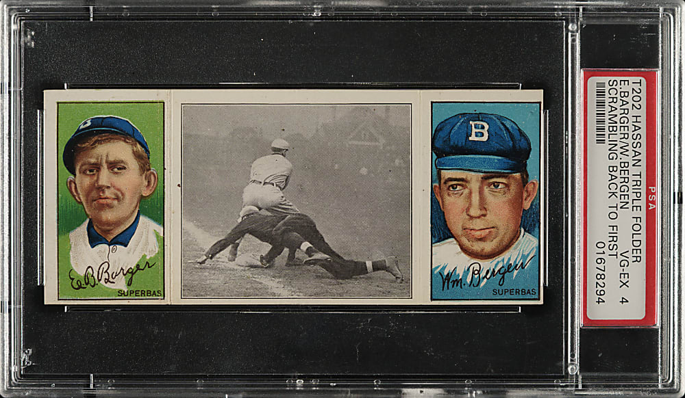 1912 T202 Hassan Triple Folder "Scrambling Back To First" Bergen/Barger PSA VG-EX 4