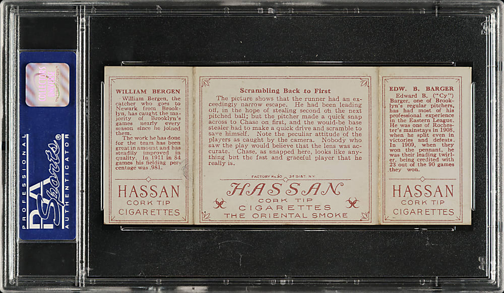 1912 T202 Hassan Triple Folder "Scrambling Back To First" Bergen/Barger PSA VG-EX 4