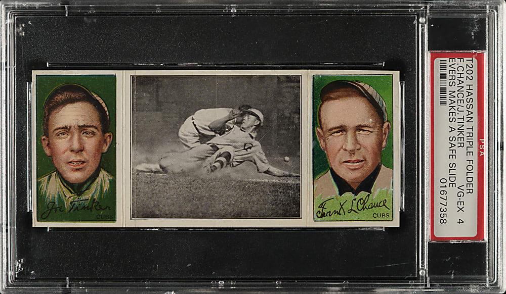 1912 T202 Hassan Triple Folder "Evers Makes A Safe Slide" Joe Tinker/Frank Chance PSA VG-EX 4