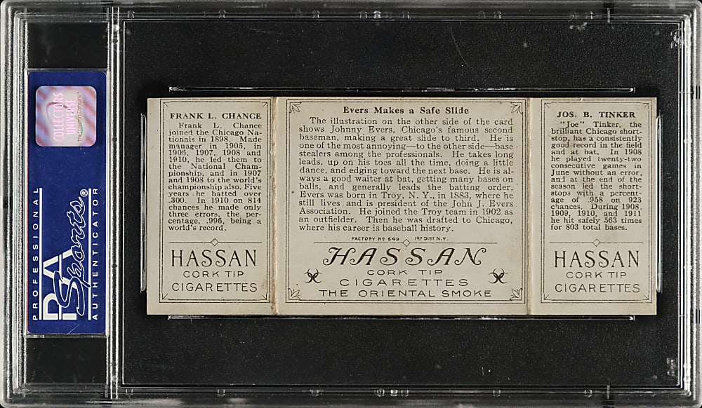 1912 T202 Hassan Triple Folder "Evers Makes A Safe Slide" Joe Tinker/Frank Chance PSA VG-EX 4