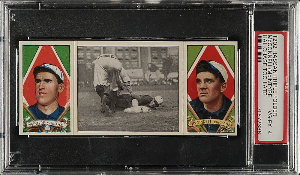 1912 T202 Hassan Triple Folder "Hal Chase Too Late" McConnell/McIntyre PSA VG-EX 4