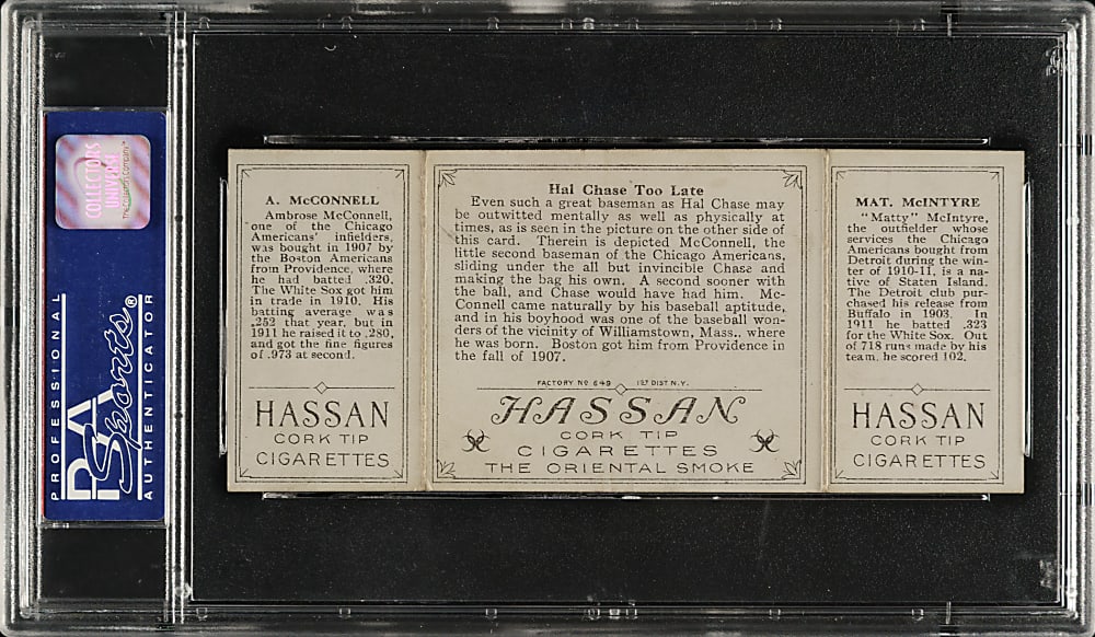 1912 T202 Hassan Triple Folder "Hal Chase Too Late" McConnell/McIntyre PSA VG-EX 4