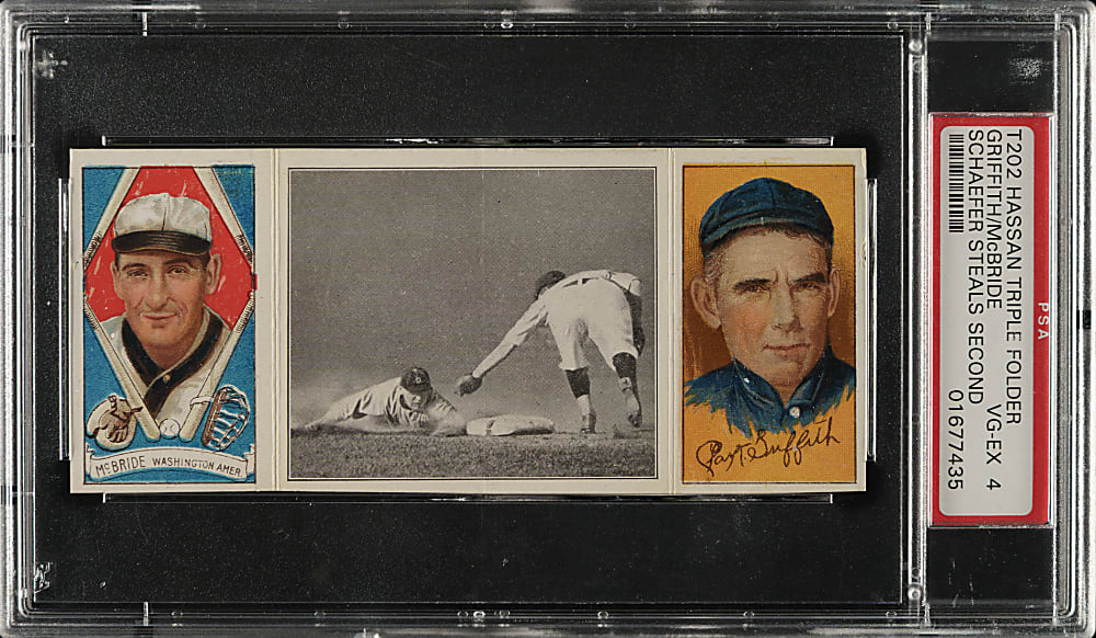 1912 T202 Hassan Triple Folder "Schaefer Steals Second" Clark Griffith/McBride PSA VG-EX 4