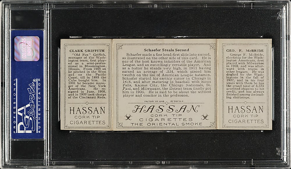 1912 T202 Hassan Triple Folder "Schaefer Steals Second" Clark Griffith/McBride PSA VG-EX 4