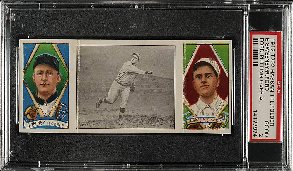 1912 T202 Hassan Triple Folder "Ford Putting Over a Spitter" Sweeney/Ford PSA GOOD 2