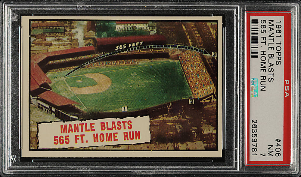 1961 Topps #406 Mantle Blasts 565 Ft. Home Run PSA NM 7