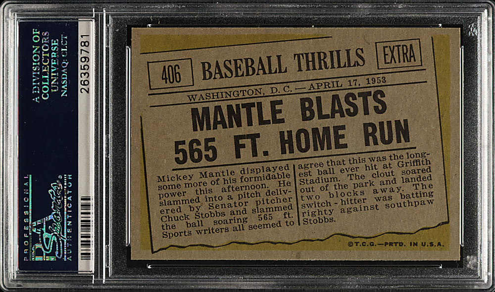 1961 Topps #406 Mantle Blasts 565 Ft. Home Run PSA NM 7