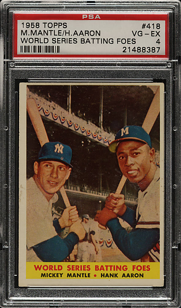 1958 Topps #418 World Series Batting Foes with Mickey Mantle and Hank Aaron PSA VG-EX 4