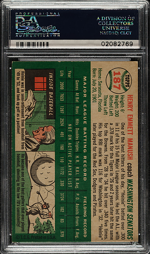1954 Topps #187 Heinie Manush PSA NM-MT 8
