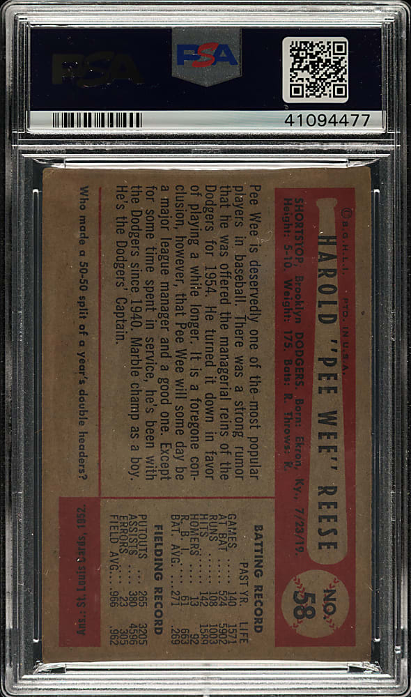 1954 Bowman #58 Pee Wee Reese PSA VG 3