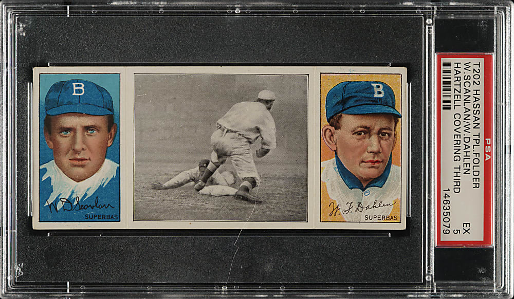1912 T202 Hassan Triple Folder "Hartzell Covering Third" Scanlan/Dahlen PSA EX 5