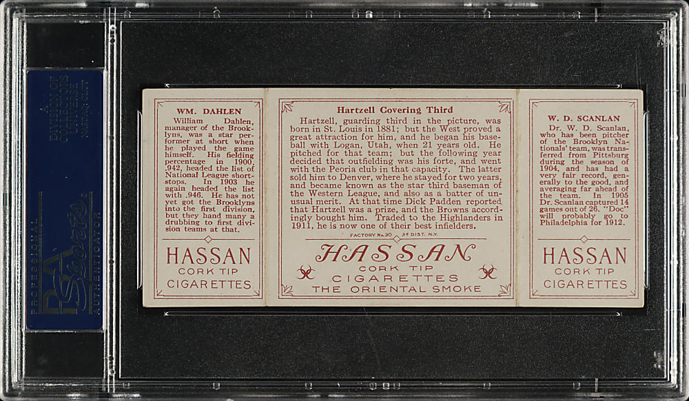 1912 T202 Hassan Triple Folder "Hartzell Covering Third" Scanlan/Dahlen PSA EX 5